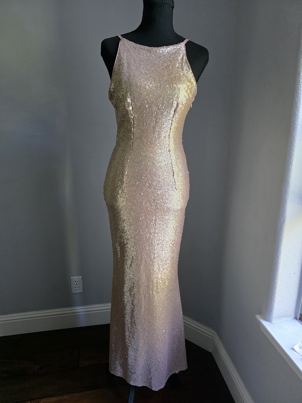 Lulus Slink and Wink Matte Rose Gold Sequin Cowl Back Maxi Dress Size S